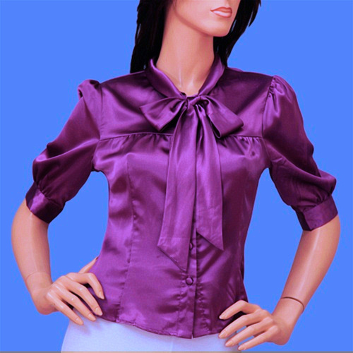 purple bow secretary satin blouse