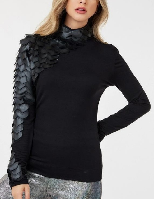 Black Asymmetrical Leather Scale Sleeve Turtleneck